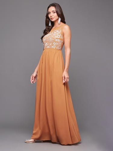 Image of Miss Chase Women's Round Neck Sleeve Embellished Fit Flare Maxi Dress