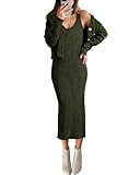 BTFBM Women Fall Knit Sweater Dress Set Bodycon Slit Midi Dresses Button Down Long Sleeve Cropped Cardigan 2 Piece Sets(Army Green, Medium)