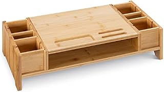 Navaris Bamboo Monitor Stand - Desk Monitor Riser Stand Tidy Storage Organiser - Desktop Raiser Stand for Monitors Computer PC Screen Projector Laptop