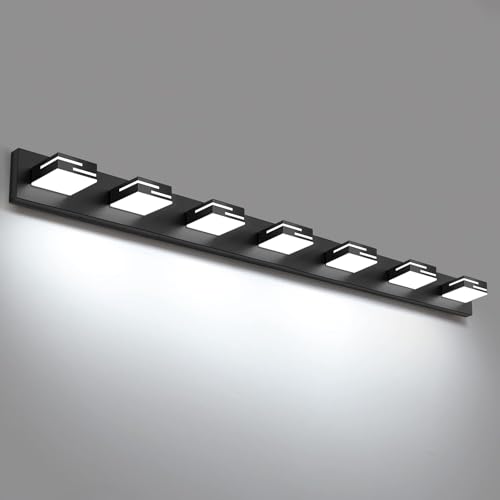 LKHF LED Modern Bathroom Vanity Light Fixtures, 7-Light 48-inch Dimmable Matte Black Vanity Lights for Bathroom Lighting Fixtures Over Mirror, with 360° Rotatable Acrylic Heads (Cool White 6000K)