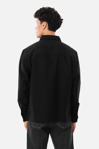 Image of SNITCH Men Smart Casual Shirt | Regular Fit Full Sleeve with Point Collar & Half Placket Design | Breathable Cotton Fabric for Outings & Daily Essential Wear | Black