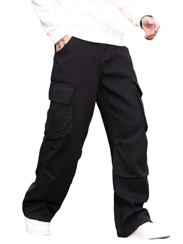 Zewool Mens Casual Wide Leg Denim Cargo Pants Mid Weight Baggy Jeans with Pockets Skater Y2k Hip Hop Streetwear Trousers Relaxed Loose Fit 2000s Skateboard Hiking Travel,A10 Black,XL