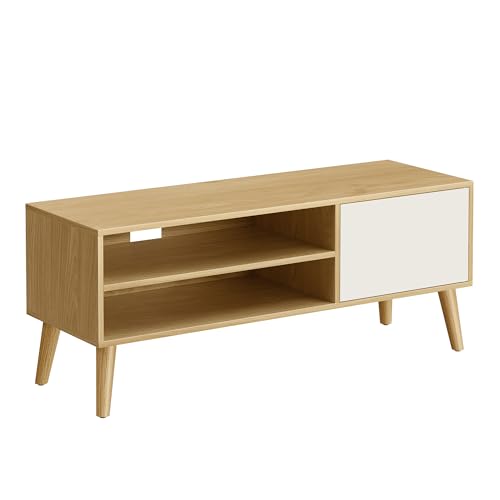 VASAGLE Meuble TV, Support Télé, pour Télévision jusqu'à 55 Pouces, Longueur 120 cm, Rangement Consoles de Jeux, Style Rustique, pour Salon, Chambre, Couleur Chêne Naturel et Blanc Crème LTV120N01