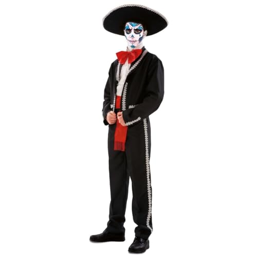 My Other Me - Disfraz Mexicano Hombre, talla S. Incluye chaqueta y pantalón negros con detalles plateados, pajarita y fajín rojo. ¡Ideal para fiestas temáticas!