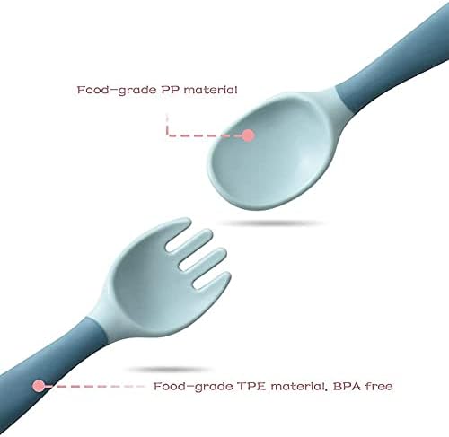Baby Fork and Spoon Set, 360°Bendable Self Feeding Utensil Raise Learning Cutlery Kit Soft Tableware Gift with Carry Case BPA-Free for Infant Toddler Children Kids First Led Training (1 Pair) (Blue)