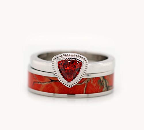 QUALITY IMPROVED 3pc His & Hers Red Camo Stainless Steel Band 925 Sterling Silver Ruby Engagement Wedding Ring Set3