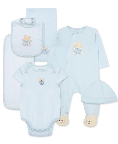 Little Me Baby Layette Gift Set - Footie and Cap, Onesie, 3-Piece Bib And Burp Set, Swaddling Blanket, Baby Shower Gifts - Blue Bear, 6 Months