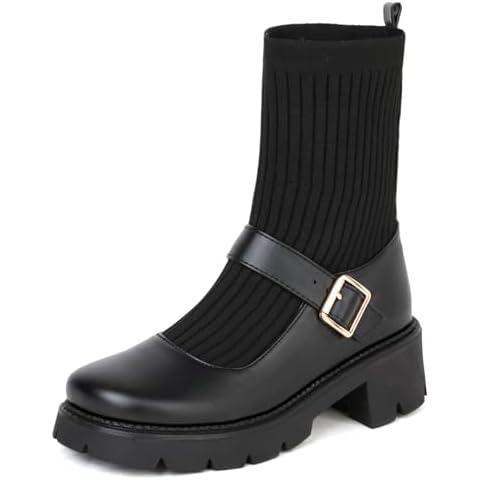 CouieCuies Cute Ankle Boots for Women Knitted Mary Jane Round Toe Knit Booties Pull On Short Stretch Boots Back School Shoes Cover