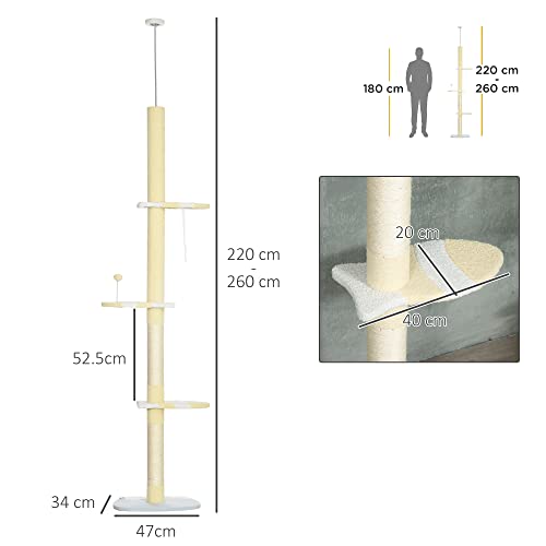 PawHut 260cm Floor to Ceiling Cat Tree, Height Adjustable Kitten Tower with Anti-slip Kit, Multi-Layer Activity Centre w/Fish-shaped Perches Scratching Post Ball Toy - Yellow - Image 7