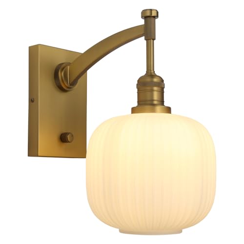 Image of Pathson Milk White Glass Wall Sconce with Switch, Hardwired Wall Vanity Light, Mid-Century Vintage Wall Lamp Fixture or Living Room Farmhouse Bathroom Bedside Lighting