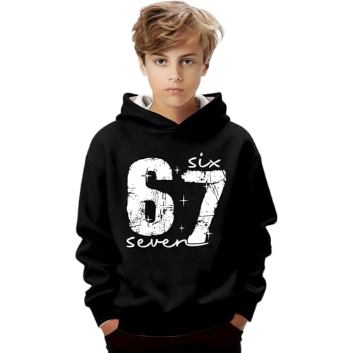 67 Sudaderas con capucha para niños y niñas 6 7 Meme Impreso Y2k Vintage Six Seven Sudadera con capucha Clásica Invierno Niños Ropa de calle, Negro, 9-10 años