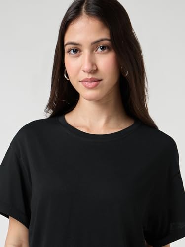 Image of Bewakoof Women's Solid Boyfriend Fit Half Sleeve Round Neck Cotton Jersey T-Shirt