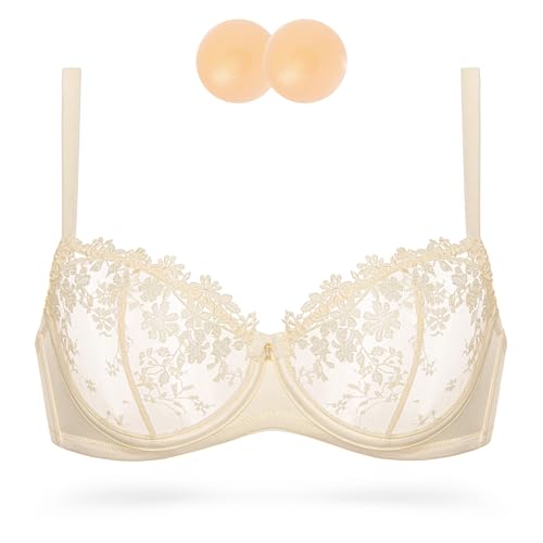 Image of Wingslove Women's Sexy Lace Bra Demi Sheer Mesh Balconette See Through Bralette Unlined Underwire Embroidered