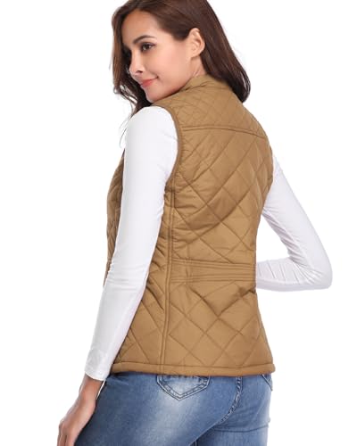 Fuinloth Women's Quilted Vest, Stand Collar Lightweight Zip Padded Gilet Camel XL - Thumbnail 4