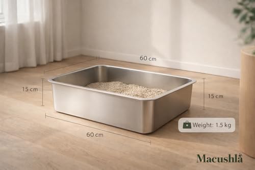 Image of Macushla Stainless Steel Cat Litter Box Large Open Tray 60 * 40 * 15 cms, Rust Proof Metal Litter Tray, Odor Resistant Easy Clean Litter Box for Kittens and Adult Cats