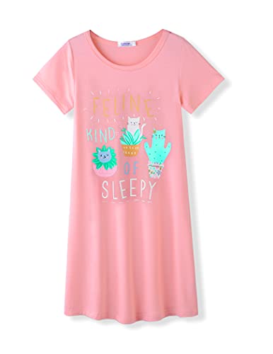 Arshiner Girls Nightgowns Soft Cotton Cute Potted Cat Pajama Dresses for Girls Sleepwear Nightie 11-12 Years