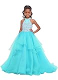Sweet 16 Beaded Pageant Dress for Girls Quinceanera Halter Flower Girl with Train Party Ball Gown Mint 6