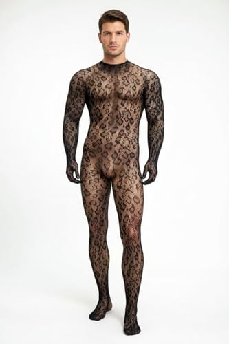 Bommi Fairy Herren Sexy Dessous Kostüm Bodysuit Rave Outfits Festival Party Clubwear Einteilig Leopard Rückenfrei Jumpsuit Unterhemden (Schwarz)