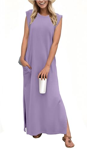 Image of GRECERELLE 2026 Women Year-Round Casual Round Neck Loose Split Wrinkle-Free Long Maxi Vacation Dress with Pockets (XXS-4XL)