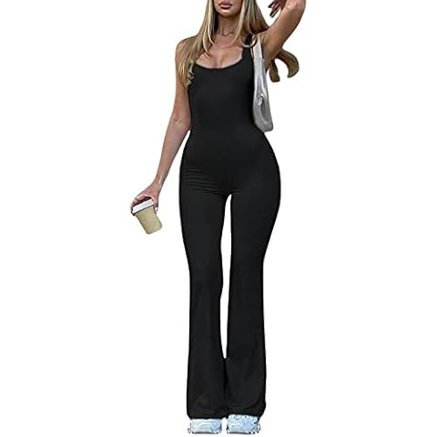 KMBANGI Sexy Ribbed Knit Yoga Jumpsuits for Women Solid Bodycon Square Neck One Piece Romper Bodysuit Club Streetwear, D-black, Medium Cover