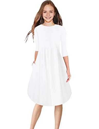 Miss Bei Girls Long Sleeve Floral Pleated Swing Casual Maxi Dress Pocket 4-16Y Casual Midi Dress White 120CM