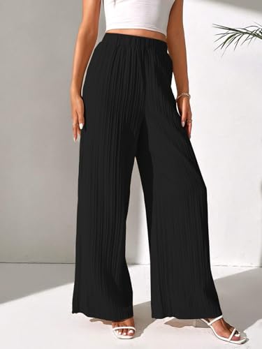 Image of Leriya Fashion Women Pleated Wide Leg Pants High Waist Elastic Palazzo Trousers | Summer Casual Lounge Wear Lightweight Flowy Straight Fit Comfortable Travel Beach Office Everyday Wear Stylish Bottoms