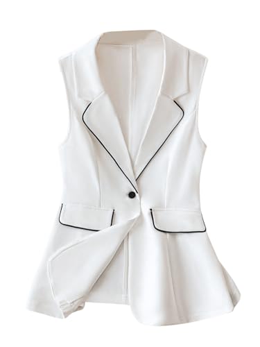 MakeMeChic Women's Contrast Binding Sleeveless Blazer Lapel Neck Single Button Vest Coats