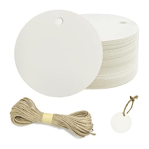 Lot of 100 Round Kraft Paper Labels Blank Labels with 20m Hemp Ribbon for Gift Decorations, Signals, Etc(White) Cover