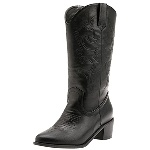 Bottes Western Cowboy mi-mollet femme bout pointu confortables pour pieds sensibles