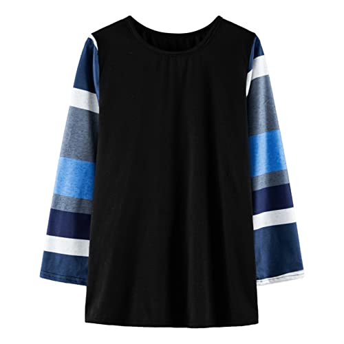 Girls Casual T-Shirt Long Sleeve Tee Tops Color Block Striped Crewneck Loose Tunic Blouse Kids Pullover(Black,10-11 Years), Blackf2
