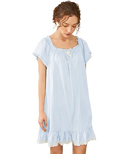 Nanxson Womens' Cotton Nightgown Short Sleeve Sleepwear Vintage Victorian Nightshirt Lounge Dress (Medium, Blue) #TOP5