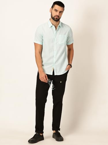 Image of Thomas Scott Men's | Solid | Linen Blend | Slim Fit | Short Sleeve | Spread Collar | Casual |Shirts for Men