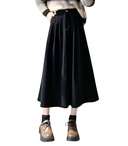 chouyatou Women's Vintage Corduroy A Line Skirt High Elastic Waist Pleated Swing Midi Long Skirt with Pockets