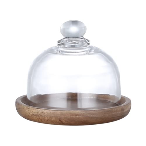 Cupola in vetro con base in legno Mini piatto per piante da formaggio, piatto da dessert, piatto per torta per formaggi, caramelle, decorazione e piante grasse, 10,5 x 9,5 x 8 cm