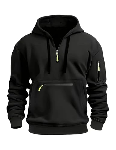 Image of Volemo Mens Hoodies Quarter Zip Hoodie Colour Contrast Hooded Sweatshirt Long Sleeve Hoody Tops with Pocket Black XL
