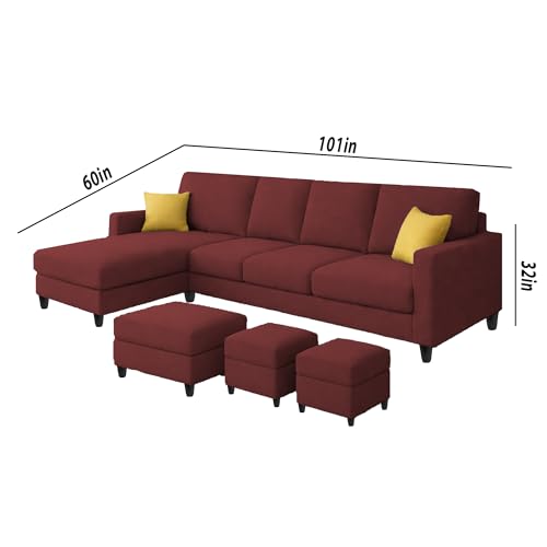 Image of Casaliving Rolando Seater L Shape Sofa Set for Living Room Left Side (Maroon, 6 Seater with Ottomon - LHS)