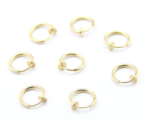 BODYA 316L Surgical Stainless Steel 8 Gold Color Clip On Fake Body Piercing Ear Nose Lip Ring Earrings 13mm (1/2 inch) Gothic Punk Jewelry