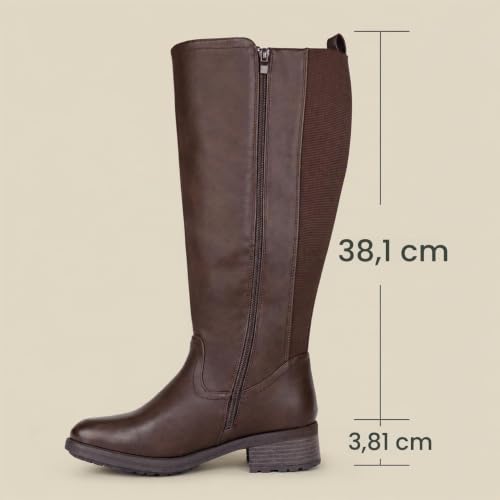 Chicblooms Bottes hautes pour femmes à mollet large, avec fermeture éclair latérale et empiècement extensible, PU marron, EU40.5 - 3