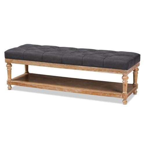 BOWERY HILL Charcoal Linen Upholstered and Graywashed Wood Storage Bench