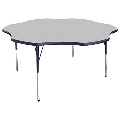 Image of FDP Flower Activity School and Office Table (60 inch), Standard Legs with Swivel Glides for Collaborative Seating Environments, Adjustable Height 19-30 inches - Gray Top and Navy Edge