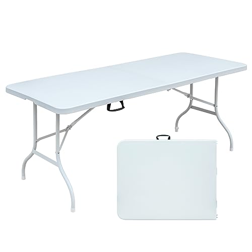 COOLPEEN Folding Table 6FT Foldable Outdoor Table Camping Table Picnic Table for Parties Wedding Camping Office with Carrying Handle - White