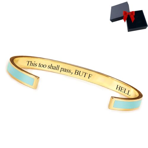 This Too Shall Pass Mantra Cuff Bracelet Engraved Motivational Inspirational Cuff Bracelet Hidden Message Encouragement Jewelry Gifts for Women (green Gold)