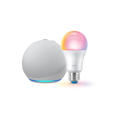 Echo Dot (newest model) with WiZ 60W A19 LED Smart Color Bulb - Connects to Your Wi-Fi - E26 Base - Control with Voice or App - Matter Compatible