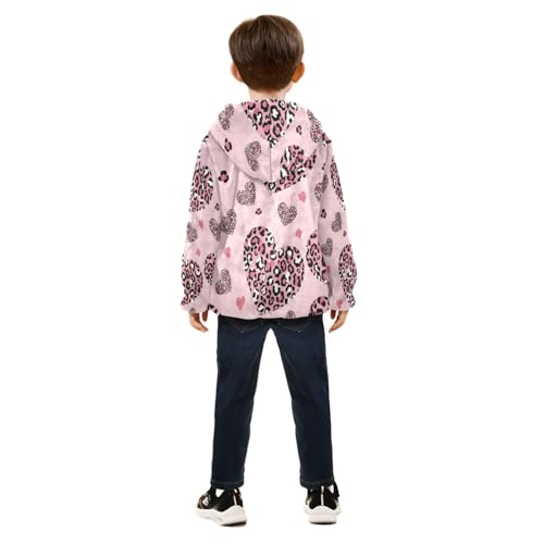 Heart Leopard Print on Pink Toddler Fleece Jacket Girl Boys Hooded Fleece Jacket Coat Warm Outwear Zip-up 3-10T4