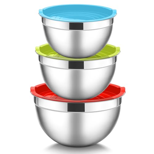 HaWare Mixing Bowls Set of 3, Stainless Steel Nesting Salad Bowls with Airtight Lids for Serving/Prepping/Food Storage, Heavy Duty & Dishwasher Safe - 1.5/3/4.5QT, Multicolor