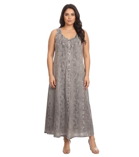 Image of Sakkas Maya Floral Embroidered Sleeveless Button Up Rayon Dress