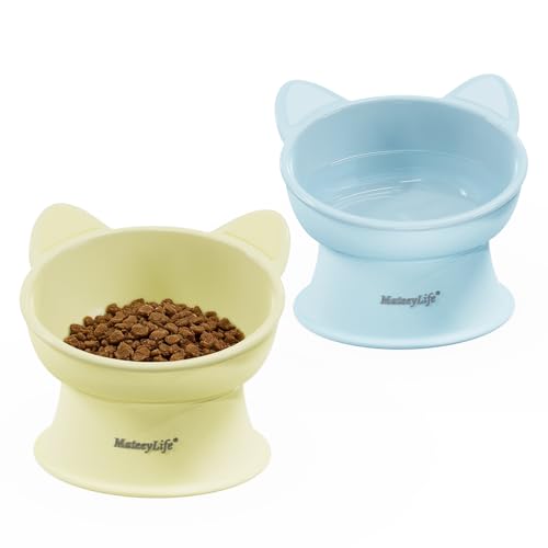 MateeyLife Ciotole per Gatti Rialzate, Set da 2 Ciotole Rialzate per Gatti con 15 Gradi, Ciotola Rialzata per Gatti da Interno e Cani di Piccola Taglia, Anti-affaticamento dei Baffi, Blu & Giallo
