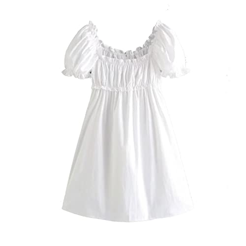 IJNHYTG Te Hace más Exquisito Mini Vestido Blanco Empalmado con Mangas abullonadas de algodón para Mujer con Cordones y Cuello Cuadrado Vestidos Cortos Bata de Vacaciones (Size : M)