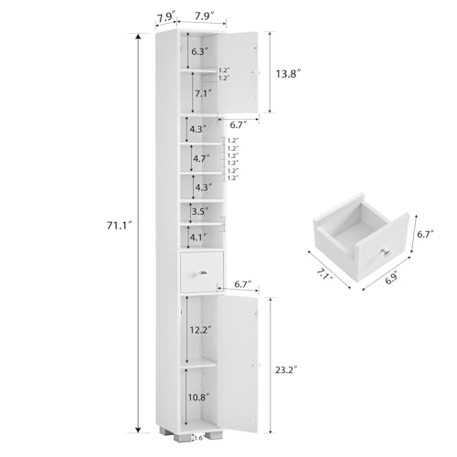 Image of TEENFON Bathroom Cabinet, Narrow Bathroom Storage Cabinet with 5 Adjustable Shelves & Drawer, Freestanding Cupboard for Small Spaces, White