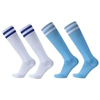 Gavena 2 Pairs Kids Football Socks Boys Long Rugby Soccers Socks Breathable Athletic Sports Socks for Children Aged 5-12 Years(Lighte Blue/Blue)